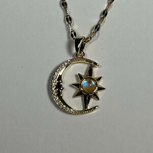 Crescent Moon Pendant Necklace W/ Moonstone Style Center Accent Stone